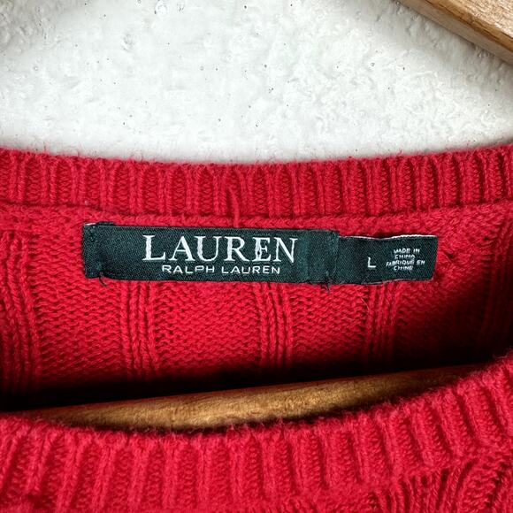 Lauren Ralph Lauren Sweater Size Large Red Cable Knit Crewneck Ruffle Sleeve - Picture 3 of 5